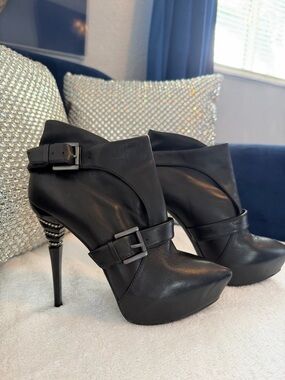 Guess by Marciano Black Leather Buckle Ankle Booties with Studded Stiletto